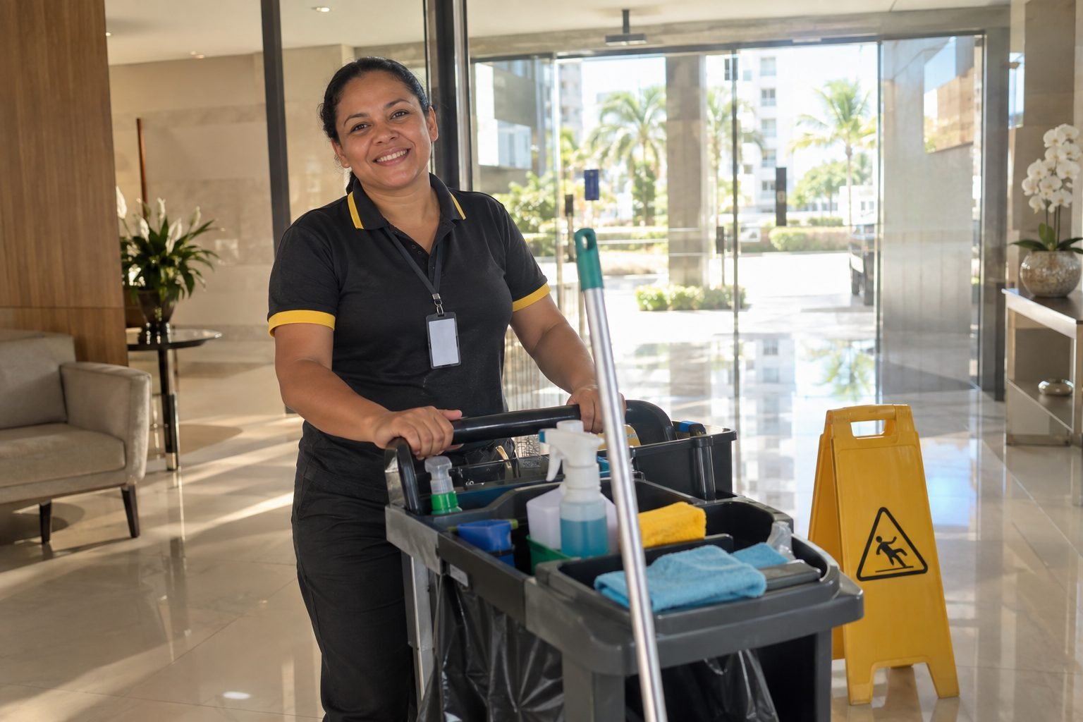 Auxiliar de limpeza uniformizada no hall de um prédio